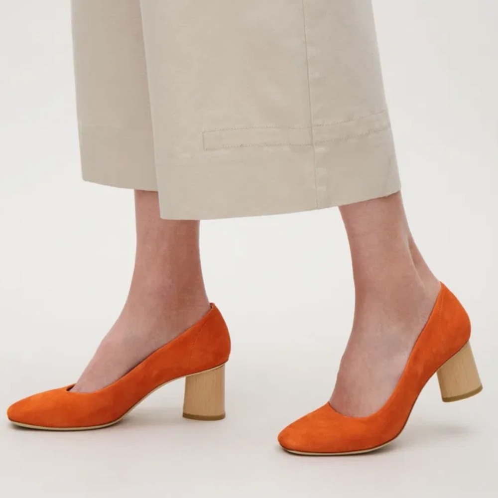 COS Orange Suede & Wood Block Heel Mod Style Square Toe Pumps Short Heels Size 7 - Picture 14 of 14